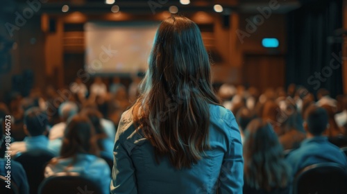 business woman giving a talk in an auditorium generative ai