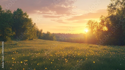 Golden Sunset Over a Meadow with Wildflowers photo