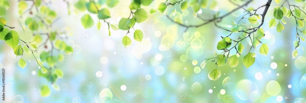 Vibrant Spring Background: Green Birch Leaves and Branches Against a Blurred Sky on a Sunny Day, Ideal for Fresh Designs Vibrant Spring Background: Green Birch Leaves and Branches Against a Blurred Sky on a Sunny Day, Ideal for Fresh Designs