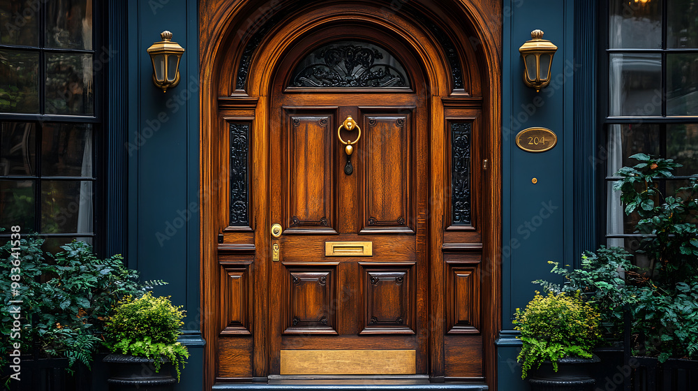 A classic wooden door with ornate details, flanked by two windows and potted plants, sets against a deep blue wall. A classic wooden door with ornate details, flanked by two windows and potted plants, sets against a deep blue wall.