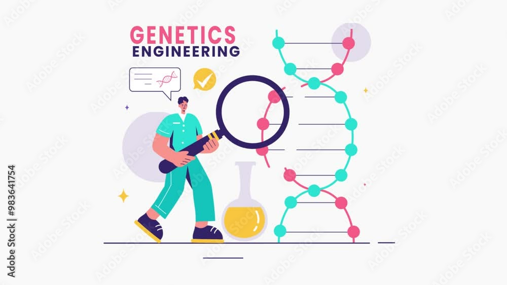 Vector Animation Illustration of Genetic Engineering and DNA Modifications with Scientists Conducting Genetics Research or Experiments Vector Animation Illustration of Genetic Engineering and DNA Modifications with Scientists Conducting Genetics Research or Experiments