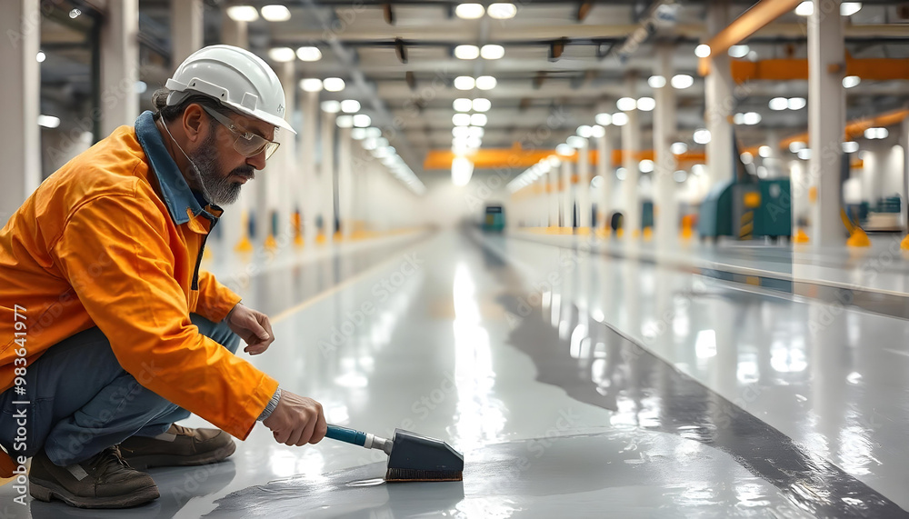 Fototapeta premium Construction Worker Applying Epoxy Coating to a Factory Floor