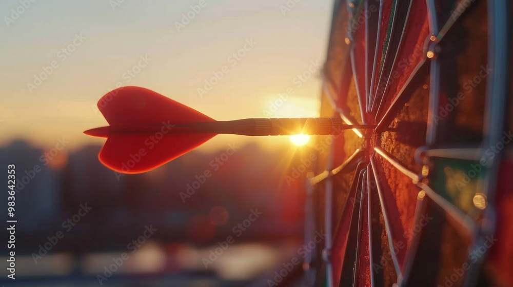 red dart arrow hitting target center dart board on sunset background generative ai red dart arrow hitting target center dart board on sunset background generative ai