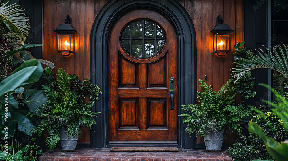 A wooden door with a round window, flanked by plants and lanterns, leading into a home.
