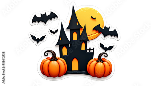 Halloween decorative sticker pumkins, bats, moon and castle on transparent background photo