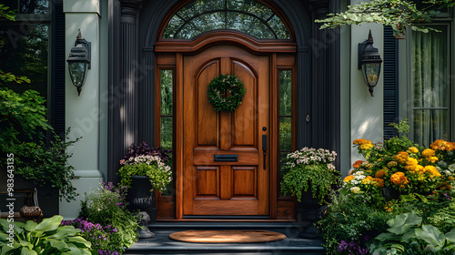 A wooden door with a wreath, flanked by potted plants and a welcome mat,  on a sunny day.