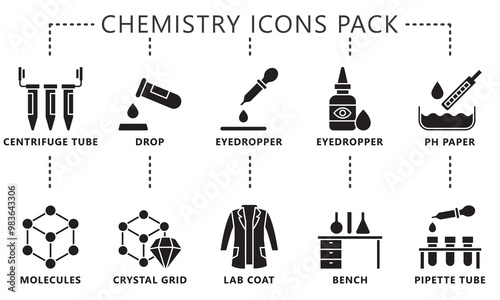 Chemistry glyph icon set, contain molecules, eyedropper, lab coat, pipette, PH paper, lab bench and more. vector EPS 10. use for UI, UX, app and web development. for industry, education, science.