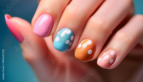 Model’s hand showcasing a playful polka dot nail design with bright pastel shades.