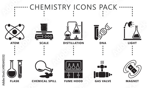 Chemistry glyph icon set, contain atom, scale, distillation, DNA, flask, magnet, fume hood, and more. vector EPS 10. use for UI, UX, app and web development. for industry, education, science.