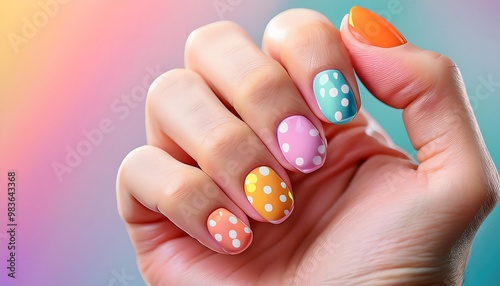 Model’s hand showcasing a playful polka dot nail design with bright pastel shades.