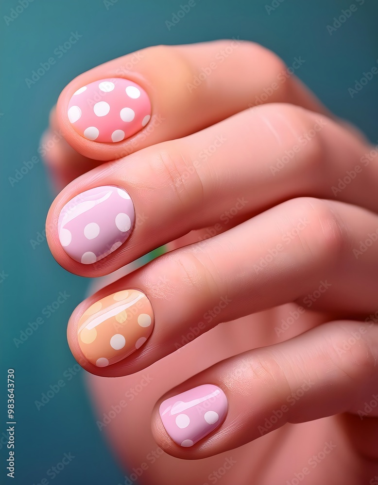 Model’s hand showcasing a playful polka dot nail design with bright pastel shades. Model’s hand showcasing a playful polka dot nail design with bright pastel shades.