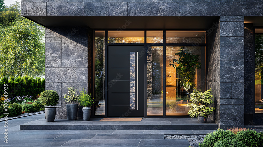 Modern black front door with glass panels, set in a contemporary stone facade. Modern black front door with glass panels, set in a contemporary stone facade.