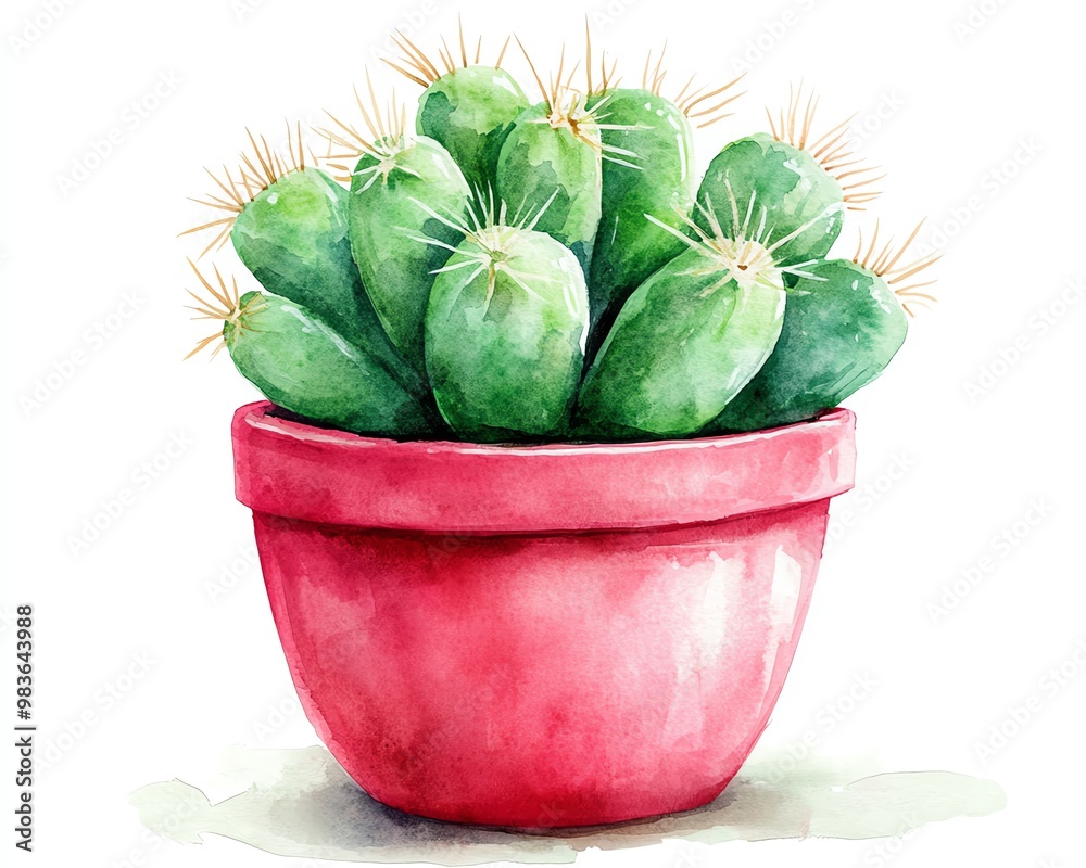 custom made wallpaper toronto digitalWatercolor cactus in a bright pink pot, shown in clipart style on a white background, with an emphasis on colorful and delicate brushstrokes