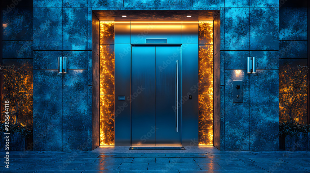 Modern elevator entrance with glowing lights. Blue and gold accents on a marble wall. Modern elevator entrance with glowing lights. Blue and gold accents on a marble wall.