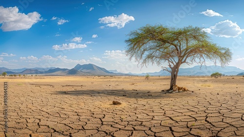 Lioness Resting in the Shade of an Acacia Tree photo