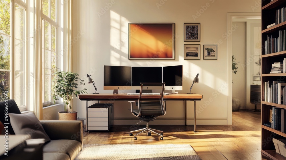 Close up view of home office with large wooden desk. Ai generated image Close up view of home office with large wooden desk. Ai generated image