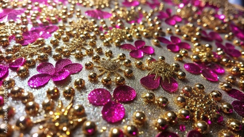 Close-up of pink and gold sequins and beads on fabric, intricate design.