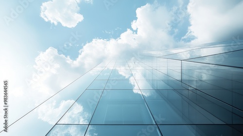 A modern office building rises into the sky, with its glass reflecting the clouds and vast space for copy text