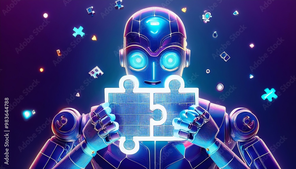 A futuristic robot holds a glowing puzzle piece, surrounded by vibrant shapes, symbolizing technology and problem-solving in a digital world. A futuristic robot holds a glowing puzzle piece, surrounded by vibrant shapes, symbolizing technology and problem-solving in a digital world.
