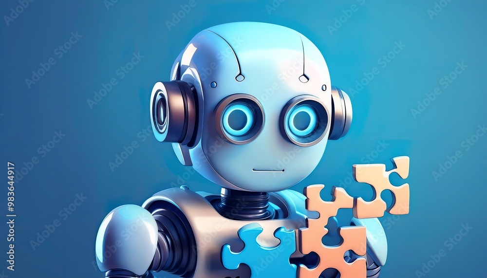 A robot is holding puzzle pieces, symbolizing problem-solving and artificial intelligence on a blue background. A robot is holding puzzle pieces, symbolizing problem-solving and artificial intelligence on a blue background.