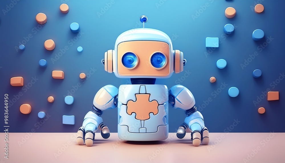 A colorful, cartoonish robot with large eyes and a puzzle piece on its chest, set against a vibrant blue background with geometric shapes. A colorful, cartoonish robot with large eyes and a puzzle piece on its chest, set against a vibrant blue background with geometric shapes.