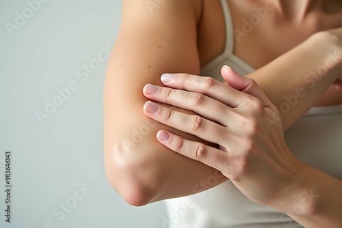 Shot of a young tanned woman moisturizing her shoulder with her hand using a cream isolated on a gray background. Skin care. A white thick smear of cream on the female body