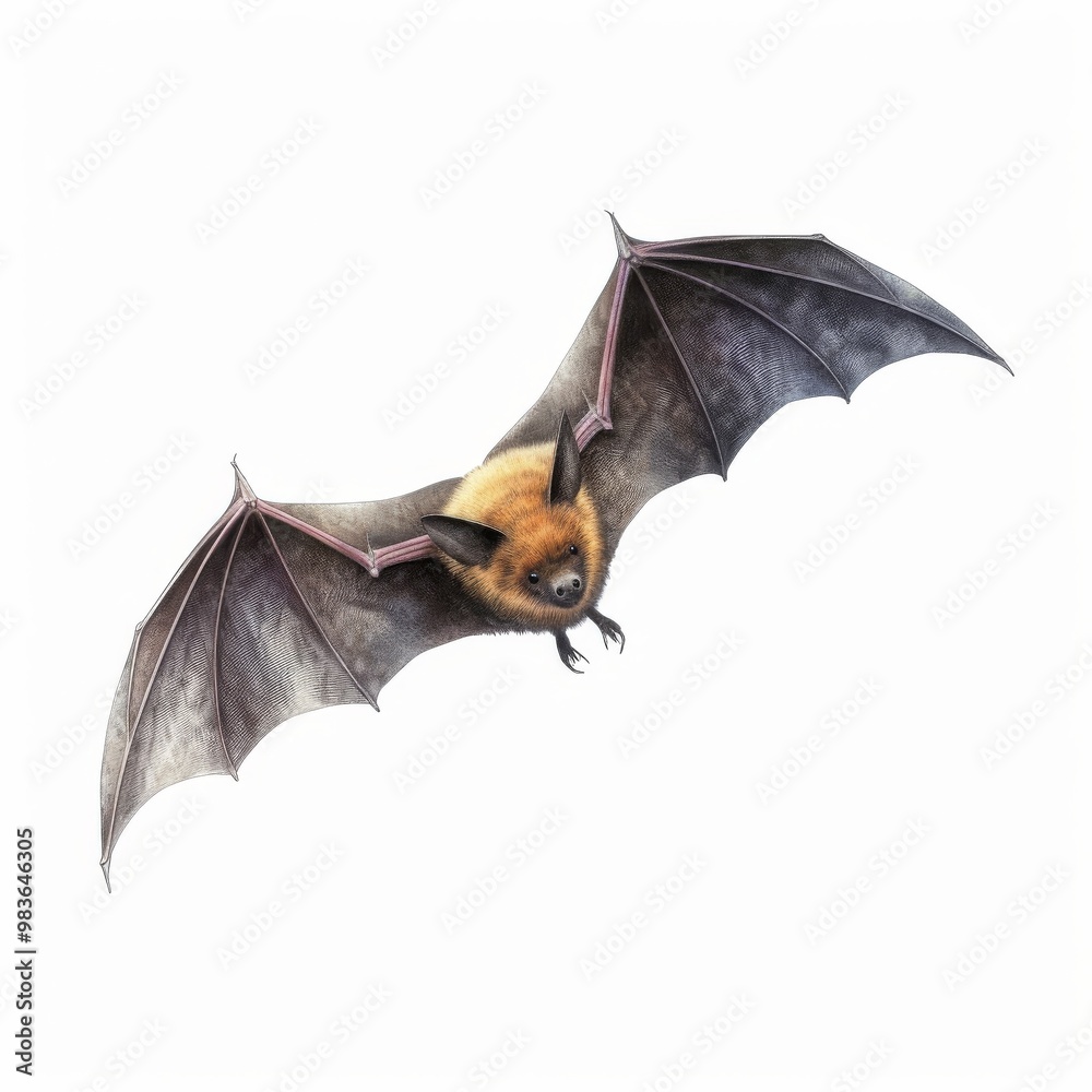 Naklejka premium Detailed Illustration of a Flying Bat in Mid-Air, Ideal for Nature and Wildlife Education