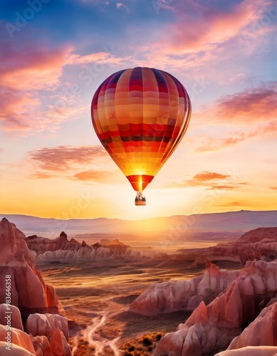 A vibrant hot air balloon floats above a stunning desert landscape during sunrise. The colorful sky and rugged terrain create a breathtaking scene that symbolizes adventure and exploration, ideal for