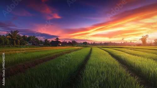 A peaceful rural landscape with a village on the horizon, framed by green fields and a colorful evening sky, perfect for nature themes photo