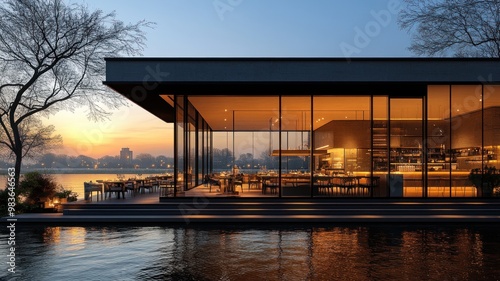 Modern lakeside restaurant at sunset with warm lighting.