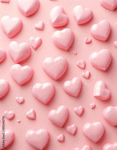 A whimsical arrangement of glossy pink hearts of varying sizes spread across a soft pastel pink background. This charming, romantic scene is perfect for Valentine's Day themes, love concepts, or cute