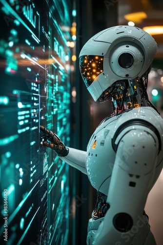 Obraz na płótnie A robot is touching a computer screen with a green background