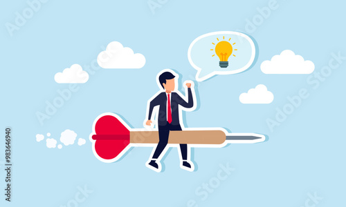 A businessman climbing the needle of a target board while imagining a lightbulb, illustrating focus on innovation and business idea development