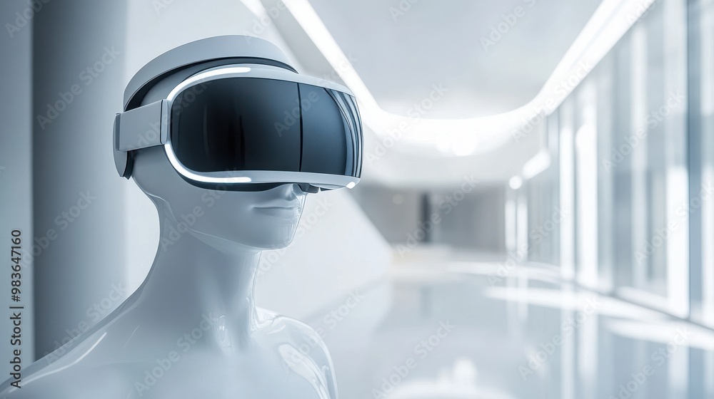 A man wearing a virtual reality headset stands in a white room A man wearing a virtual reality headset stands in a white room