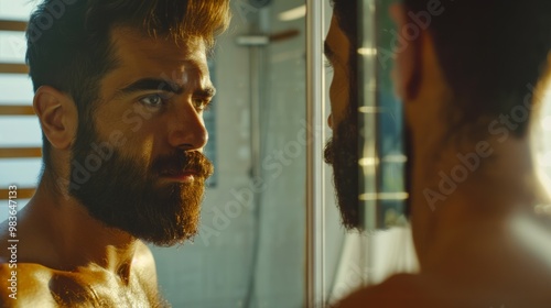 man looking in the mirror with a pronounced beard generative ai