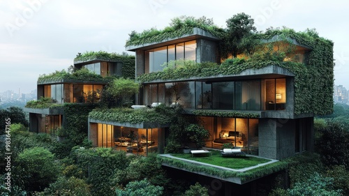 Modern eco-friendly house integrated with lush greenery.