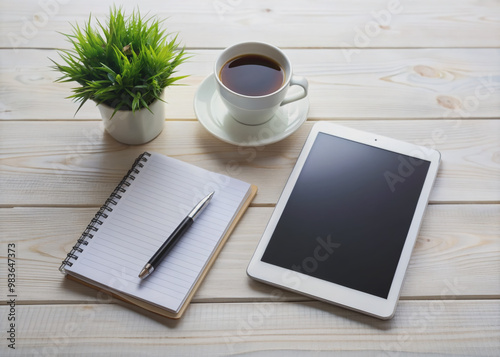 Organized workspace featuring a tablet, notepad, pen, and coffee cup on a clean white wooden desk surrounded by a small potted plant, with ample space for additional items. photo