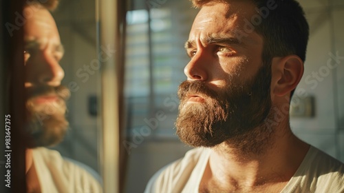 man looking in the mirror with a pronounced beard generative ai