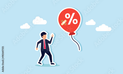 A businessman just patched a hole in a discount balloon with tape, illustrating the evaluation and adjustment of discount promotions as a business strategy
