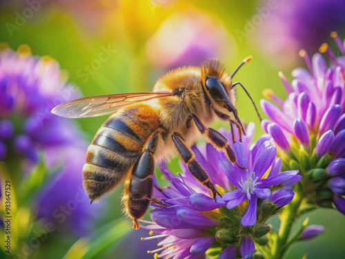 Golden honey bee collects nectar from vibrant purple flowers in a lush green meadow, its furry body glistening with morning dew under warm sunlight.