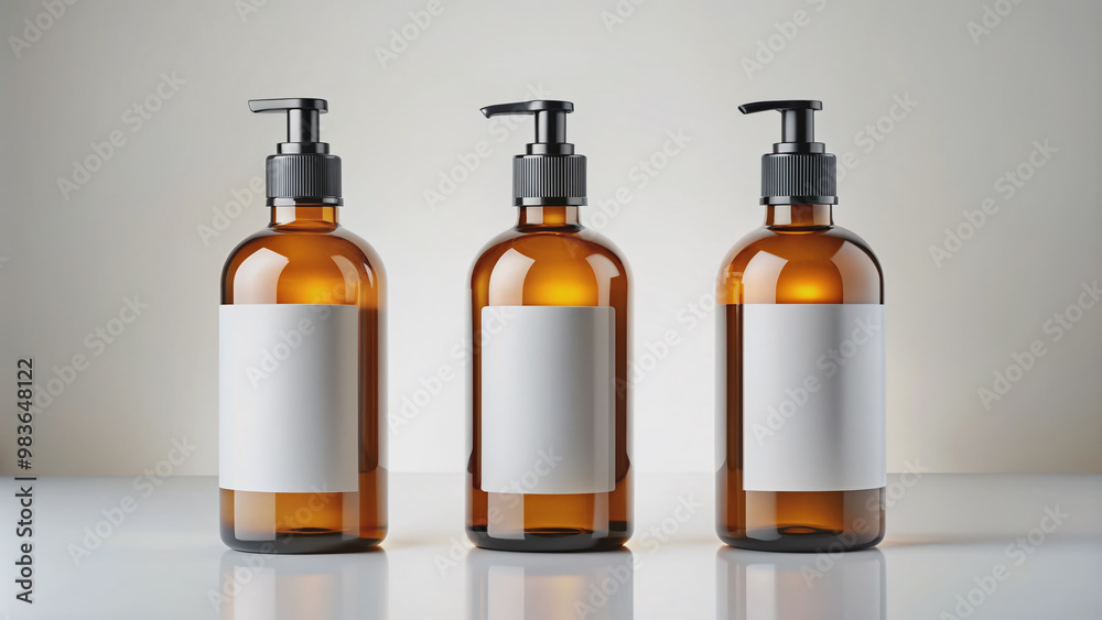 Amber glass bottles with white labels and black text sit upright on a clean white background, showcasing elegant product packaging and simplicity. Amber glass bottles with white labels and black text sit upright on a clean white background, showcasing elegant product packaging and simplicity.