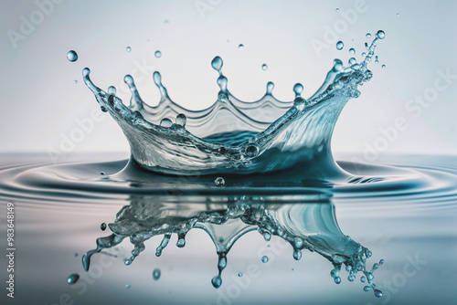 Delicate water splashes dance against a crisp white background, showcasing the mesmerizing fluidity and ethereal beauty of nature's unbridled artistry in a fleeting moment. photo