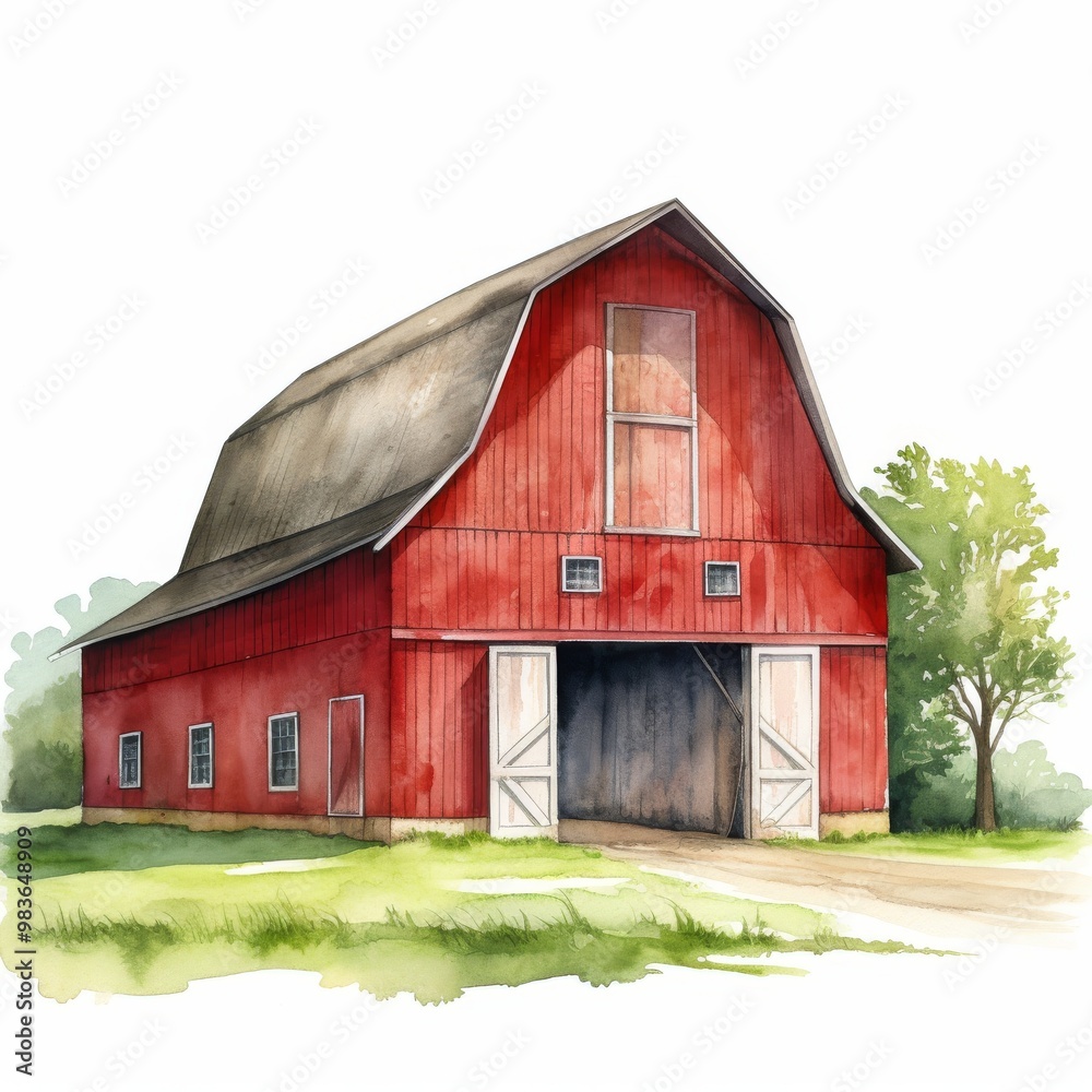 Rustic Red Barn Illustration with Open Doors and Surrounding Greenery Rustic Red Barn Illustration with Open Doors and Surrounding Greenery