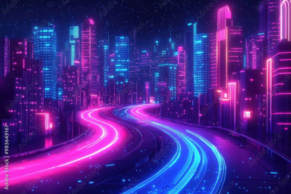 A neon cityscape with a pink and blue highway