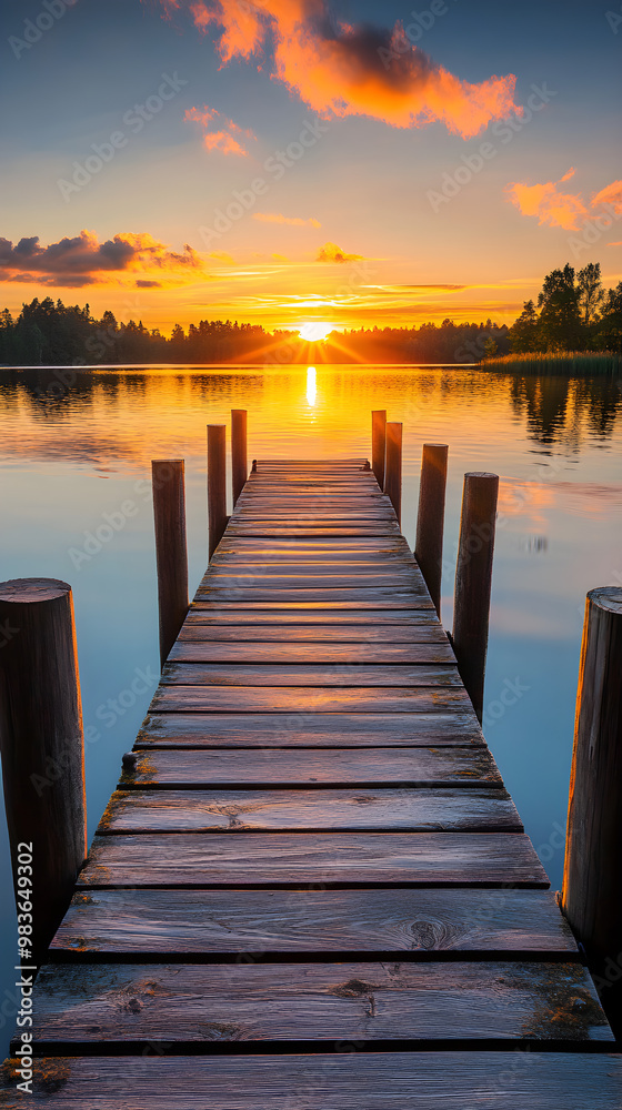 Lonely Dock Bathed in the Warm Glow of a Setting Sun - Breathtaking Scenic Beauty of Nature