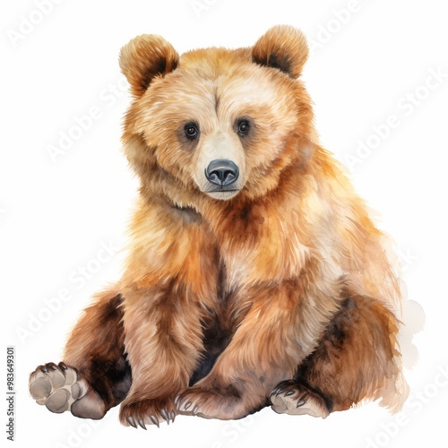 Adorable Watercolor Illustration of Sitting Brown Bear - Perfect for Wildlife Art and Nature-Themed Designs