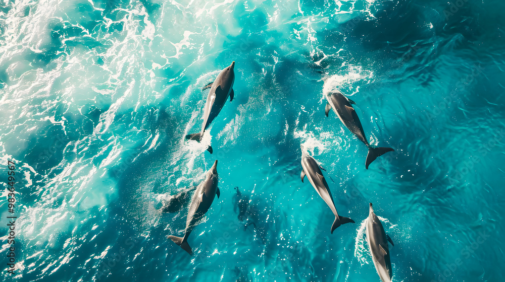 Fototapeta premium Aerial view Group of dolphins swimming in the ocean with crashing waves, symbolizing the beauty of marine life. Protect animals and the ocean environment. Background marine life