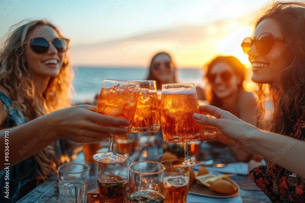 A group of women are celebrating with glasses of beer A group of women are celebrating with glasses of beer
