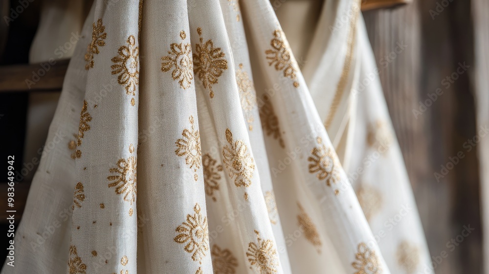 A soft white cotton dhoti with delicate golden patterns, draped elegantly on a wooden hanger.