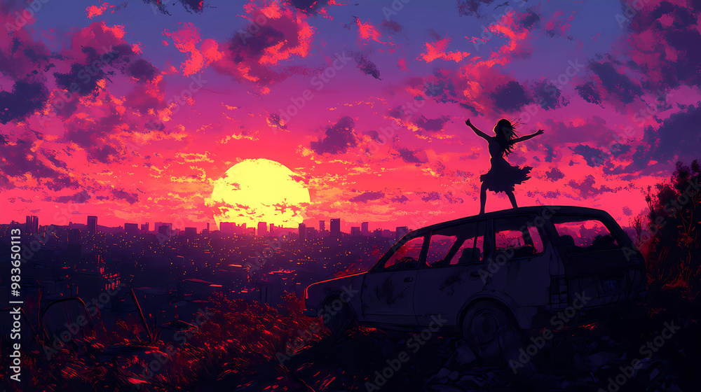 Fototapeta premium depicting a sunset over a city in the background woman dancing on top of an car, watching it burn to ashes. The image has a lo-fi, colorful aesthetic lo-fi music genre Generative AI. 
